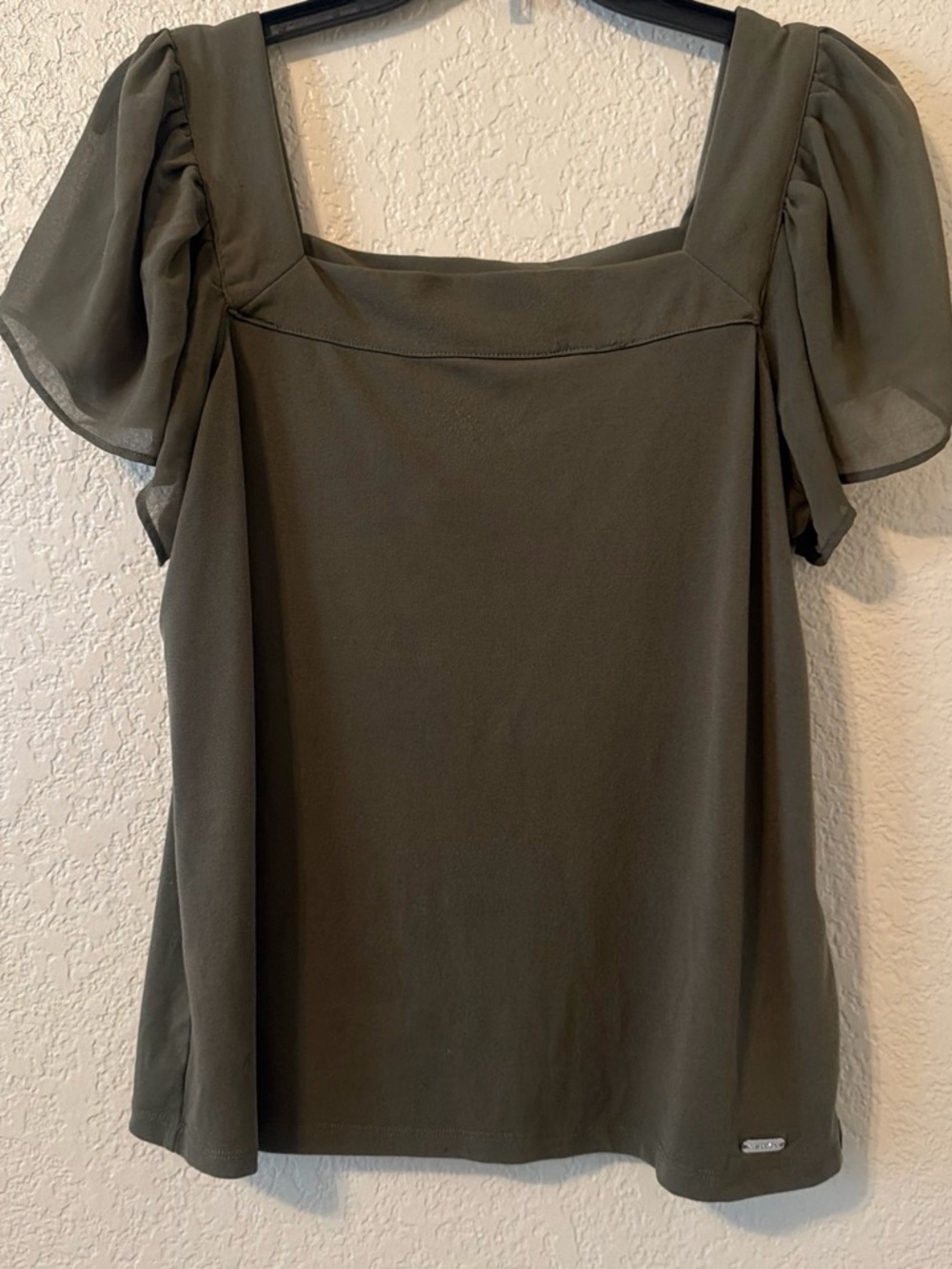 Calvin Klein Olive Green Square Neck Puff Sleeve Blouse